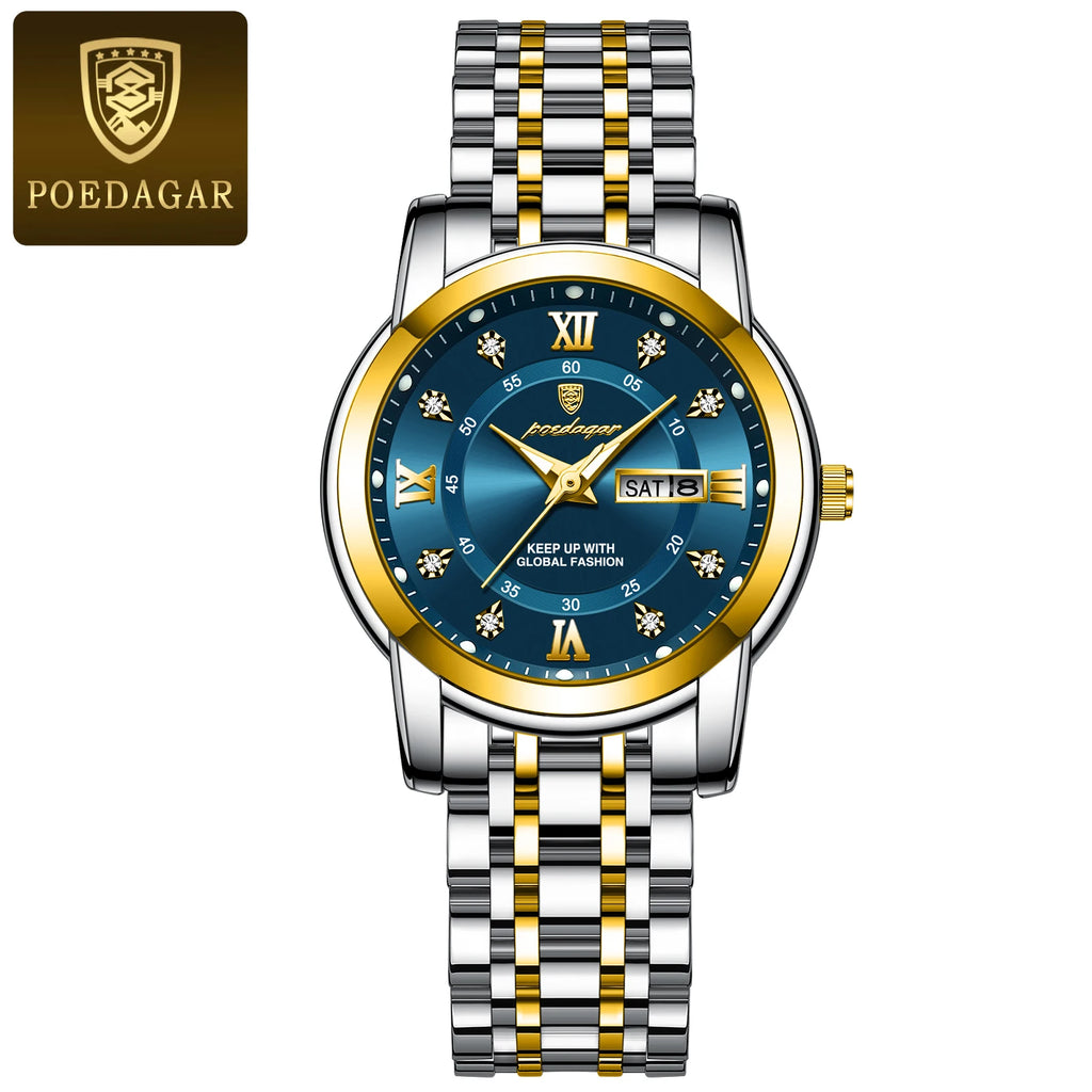 POEDAGAR Luxury Women Wristwatch Waterproof Luminous Date Week Women's Watches Stainless Steel Elegant Dress Quartz Ladies Watch