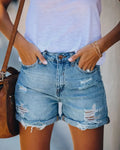 Women Shorts Denim Straight Pants Jeans Washing Loose Fit Mid Waist Pockets Zipper Fly Solid Holes Slight Strech Streetwear
