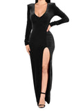 Autumn and Winter Women's Long Sleeve V-Neck Dress High Slit Sexy Long Dress Elegant Banquet Evening Gown
