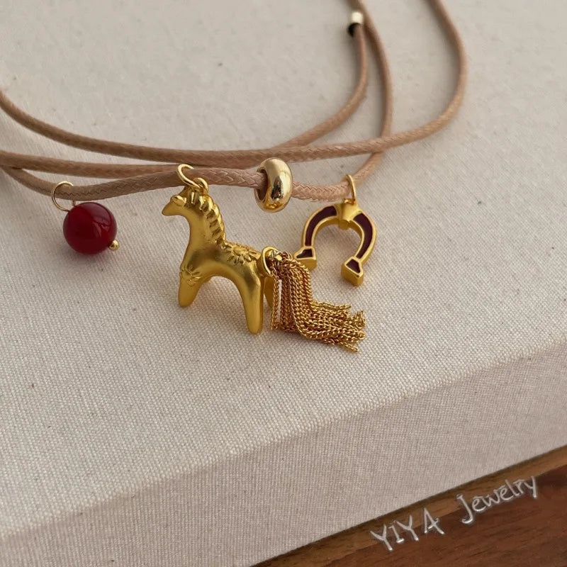 Minar Funny Metallic Cartoon Horse Multi Tassel Beads Pendant Necklaces for Women Female Adjustable Long Wax Rope Chain Chokers