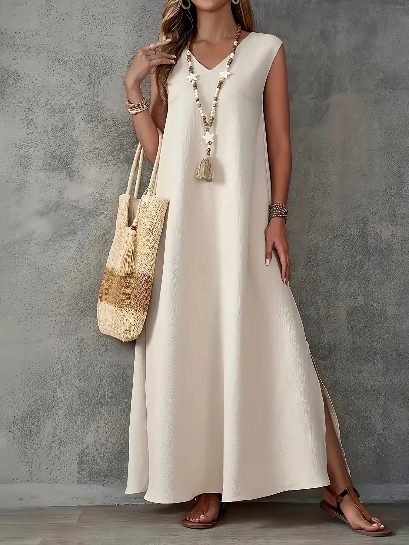 [Elegant Sleeveless Dress] White Polyester Elegant V-Neck Sleeveless Maxi Dress for Women | Split Front, Tassel Detail, Perfect