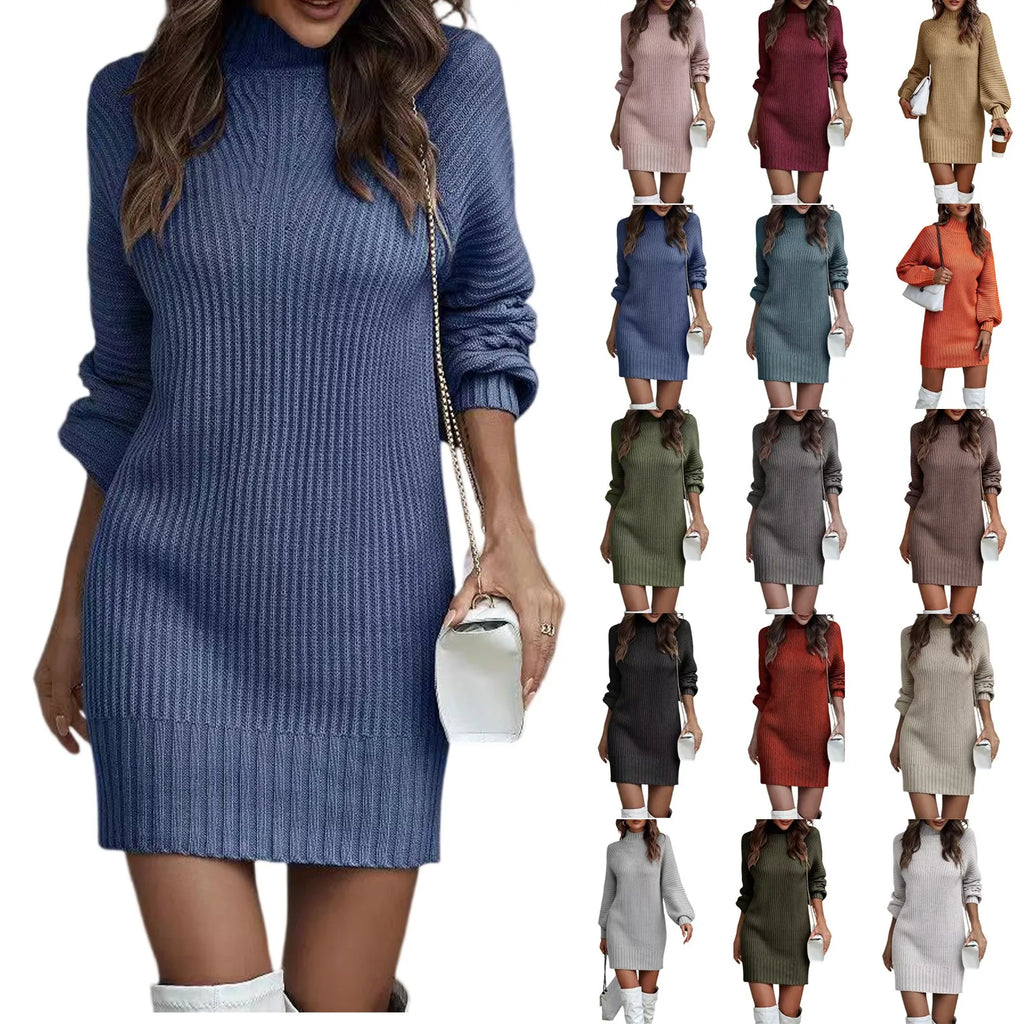 Women's Knitted Dress Autumn Winter Turtleneck Sweater Dress  Solid Color Long Sleeve Casual Fashion Knitted Sweater Dresse