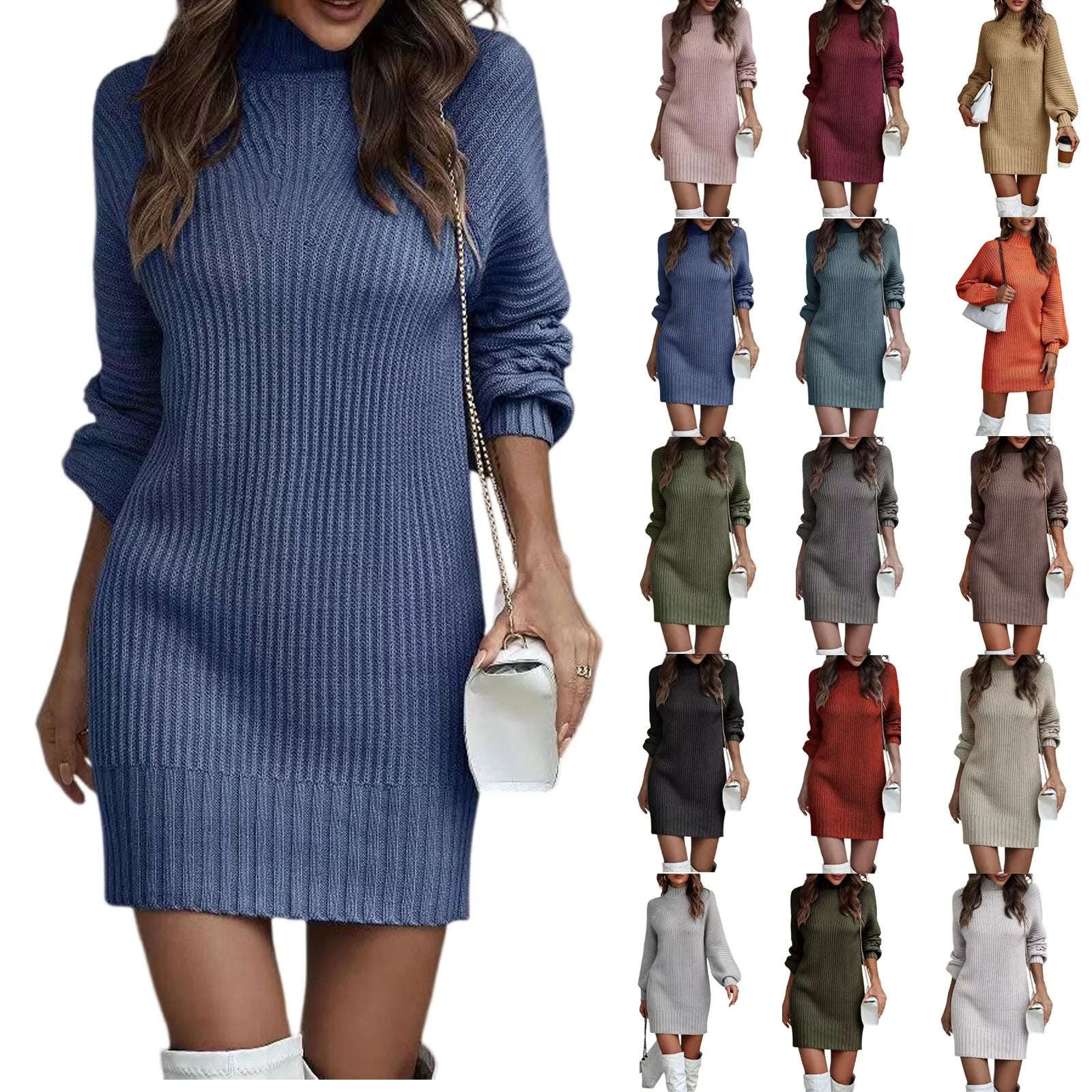 Women's Knitted Dress Autumn Winter Turtleneck Sweater Dress  Solid Color Long Sleeve Casual Fashion Knitted Sweater Dresse