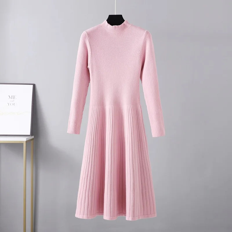 Elegant Slim A-lined Knitted Sweater Dress Women O-neck Long Sleeve Knitwears Vestidos Fall Winter Thick Mid Length Dresses New