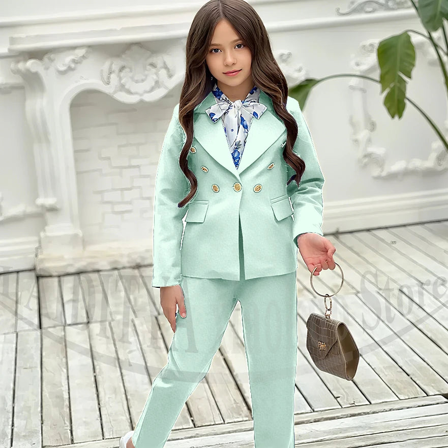 Girl Suits 2 Piece Elegant Daily Casual Fashion Kids Outfits Party Wedding Chic Double Breasted Notch Lapel Girl Clothes