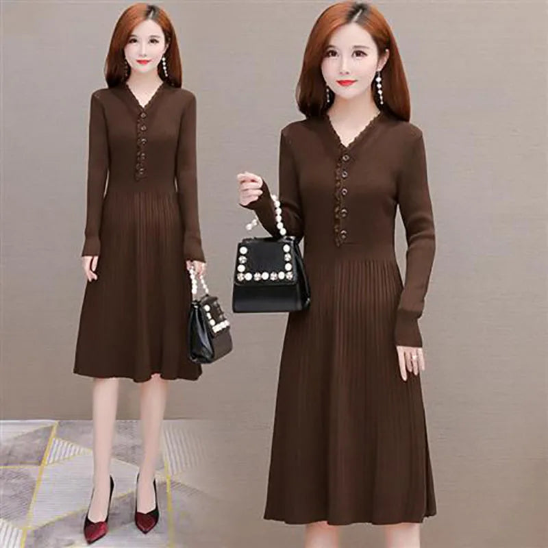 Fashion Ruffled Neck Button Folds Midi Dress Women's Clothing 2023 Autumn Winter Loose Elegant Office Lady Knitted Dress