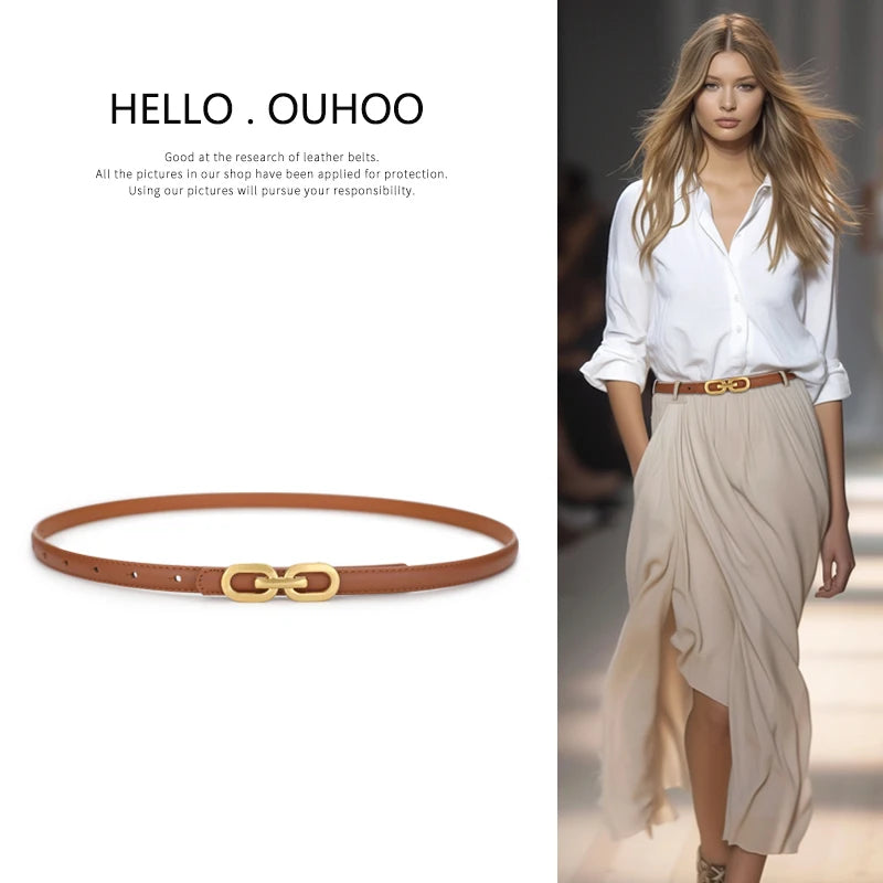 Elegant Women Skinny Belt genuine Leather Belts for Jeans Ladies Gold Buckle Thin Waist Belt for Dresses