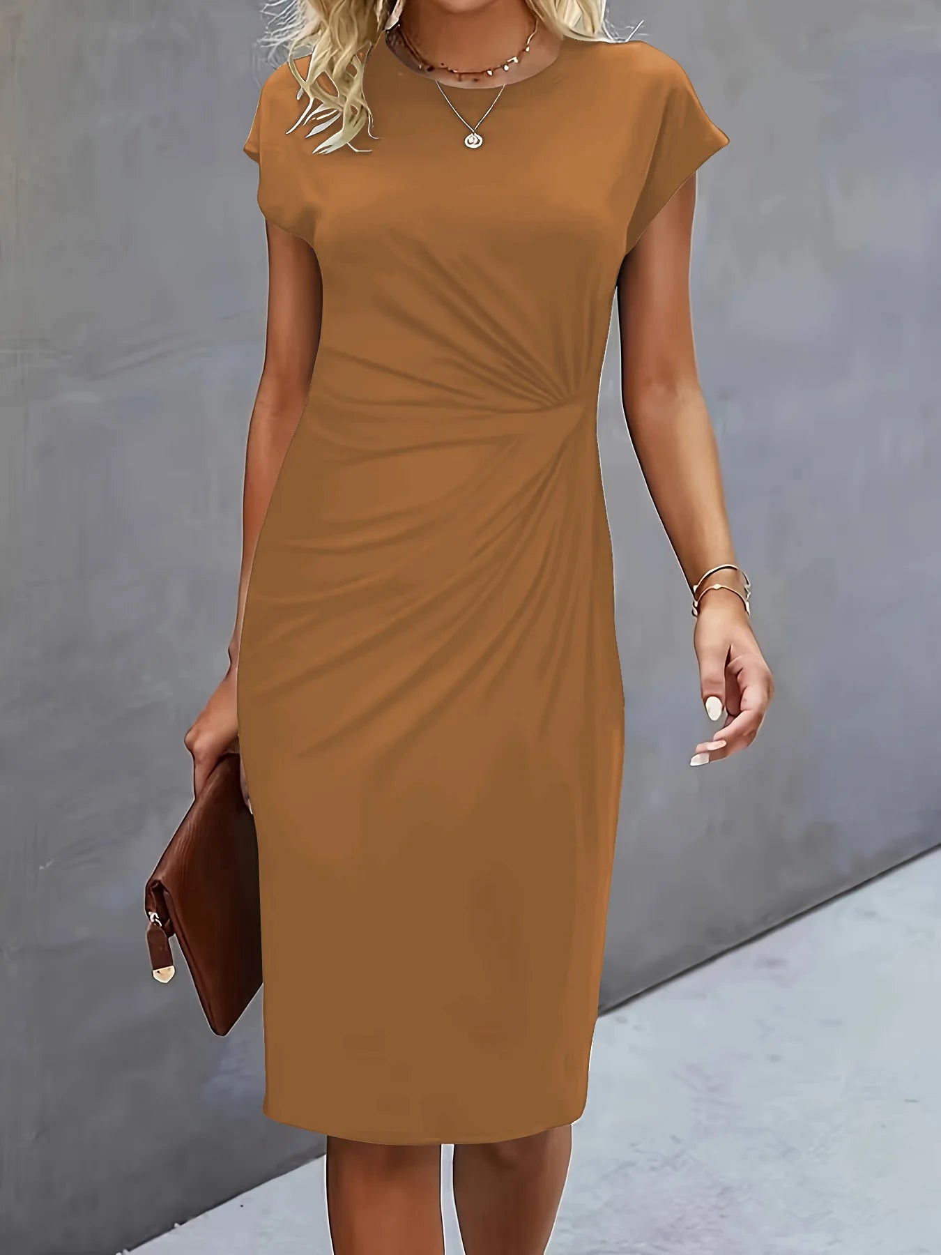 Women's casual dress tight dress front knot round neck medium-long dress fashion basic daily wear