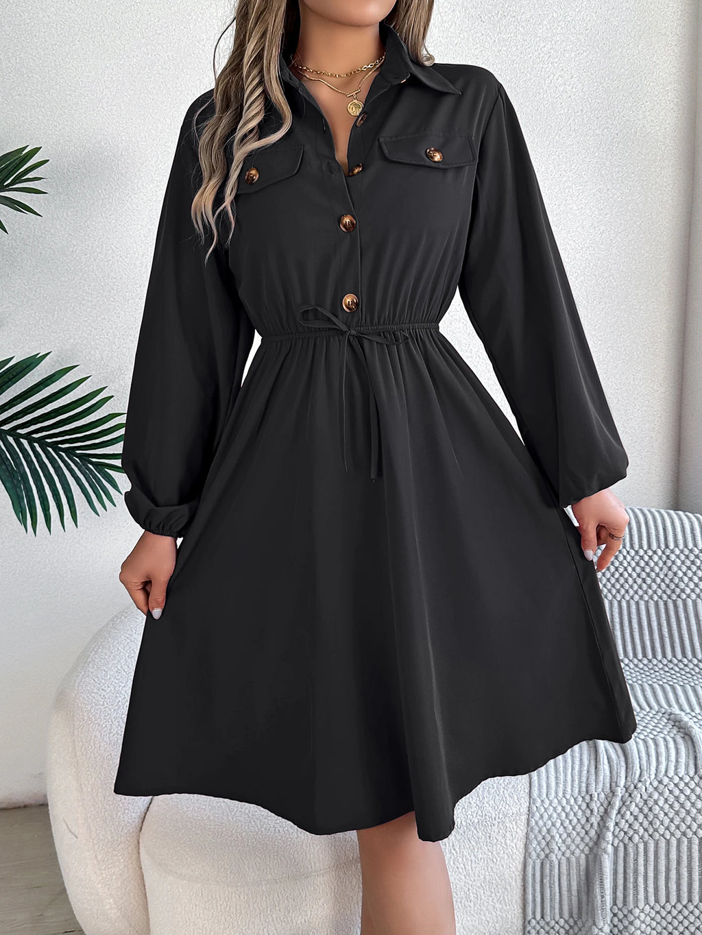 Autumn Winter Dresses for Women Casual Solid Color Button Tie Up Long sleeved Shirt Dress