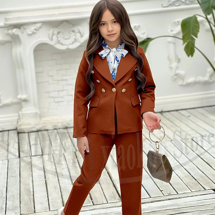 Girl Suits 2 Piece Elegant Daily Casual Fashion Kids Outfits Party Wedding Chic Double Breasted Notch Lapel Girl Clothes