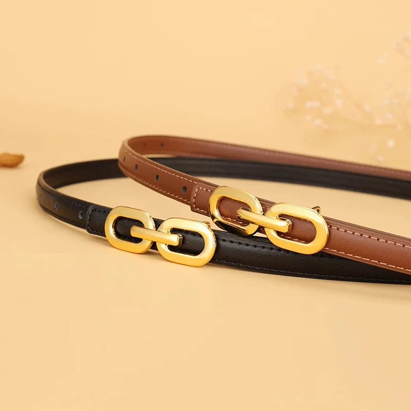 Elegant Women Skinny Belt genuine Leather Belts for Jeans Ladies Gold Buckle Thin Waist Belt for Dresses