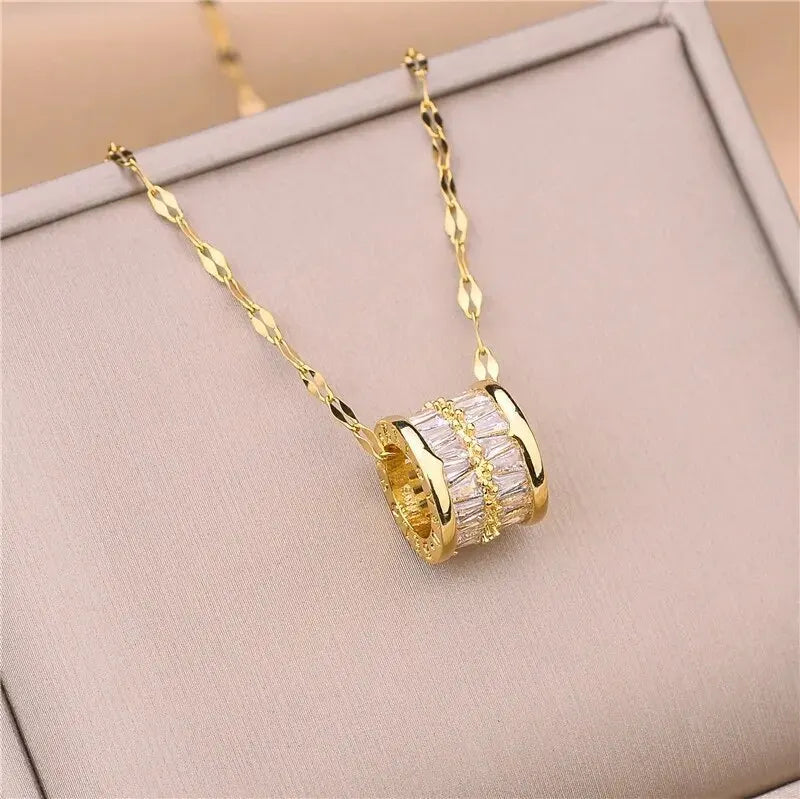 Trendy Stainless Steel Double Layer Necklace for Women Fashion Crystal Bead Pendant Necklaces Clavicle Chain Party Jewelry
