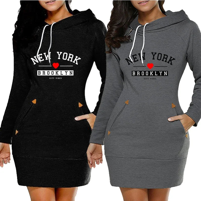 Autumn Winter Women’s Dresses Daily Comfort Fashion Simplicity Midi Casual Slim Fit Pocket Hoodies Collar Zipper Design Quality