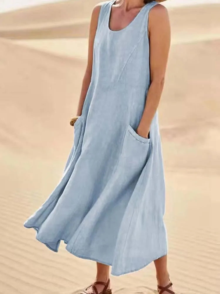 Women Coton Linen Sundress Summer Female Sleeveless Double Big Pocket Loose Sand Beachwear Long Dress Oversized S-5XL LRFZ-818