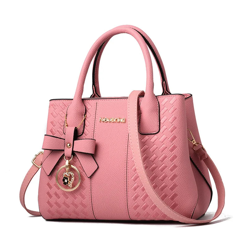 Bow Metal Pendant Top Handle Satchel Crossbody Bag, PU Leather Textured Bag Purse, Classic Versatile Fashion Shoulder Bag