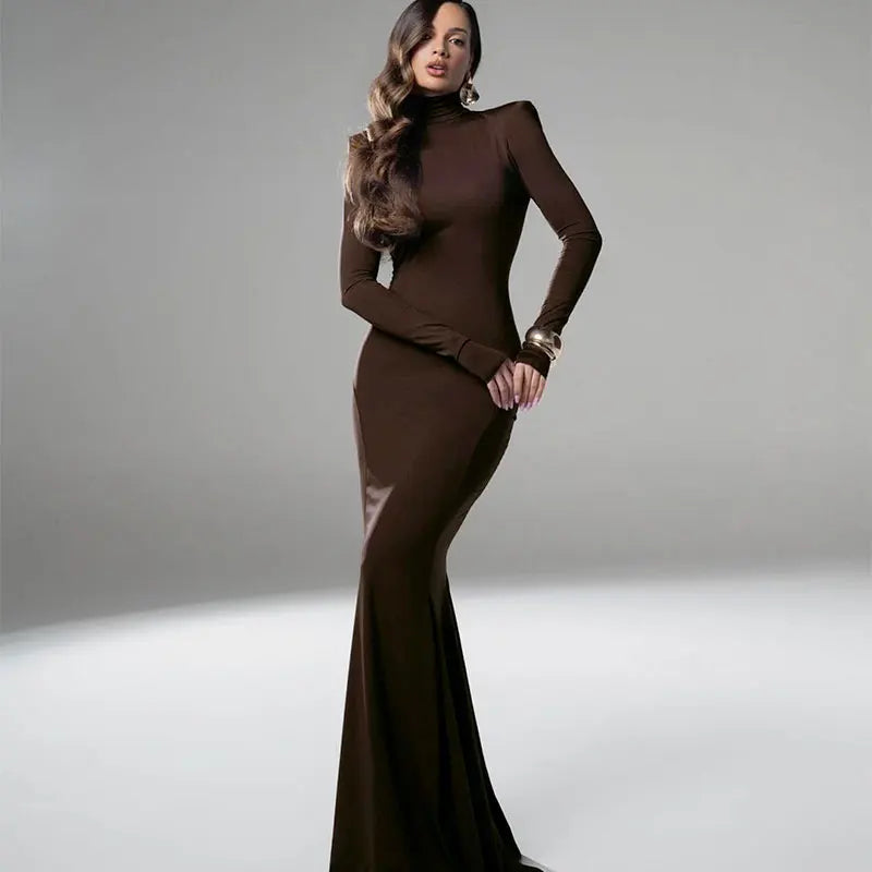 Women Dresses Elegant Party Autumn Winter Sexy Backless Dress Streetwear Fashion Casual Slim Turtleneck Brown Long Sleeves Dress