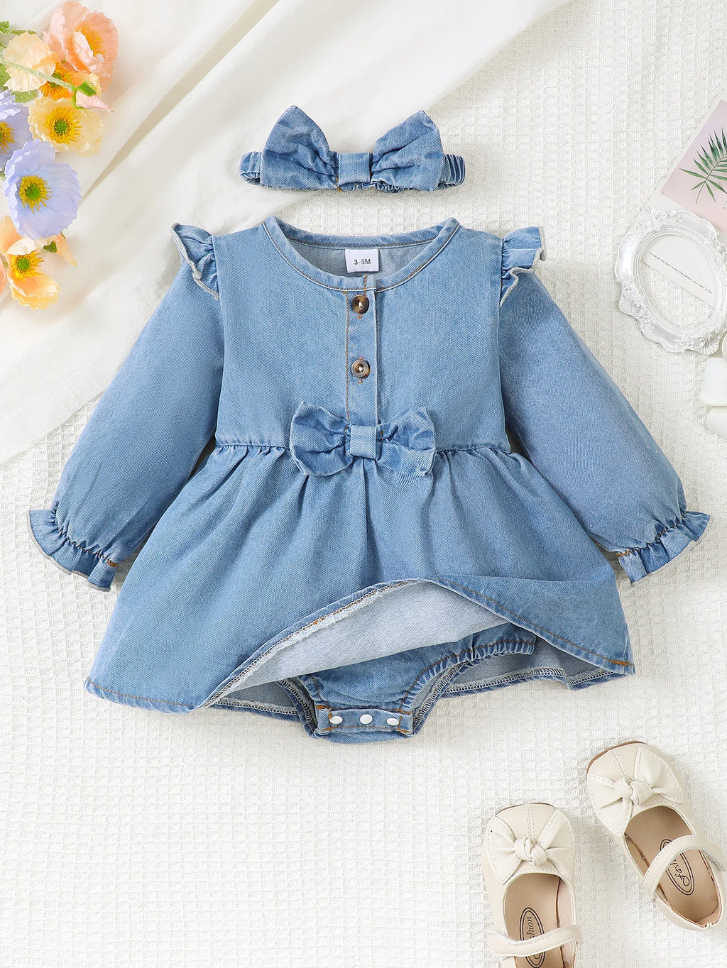 Winter  Newborn  Infant  0-18 Months  Baby  Girl  Dress  Long  Sleeve  Denim  Romper  Princess  Party  Dresses  With  Hair  Hoop