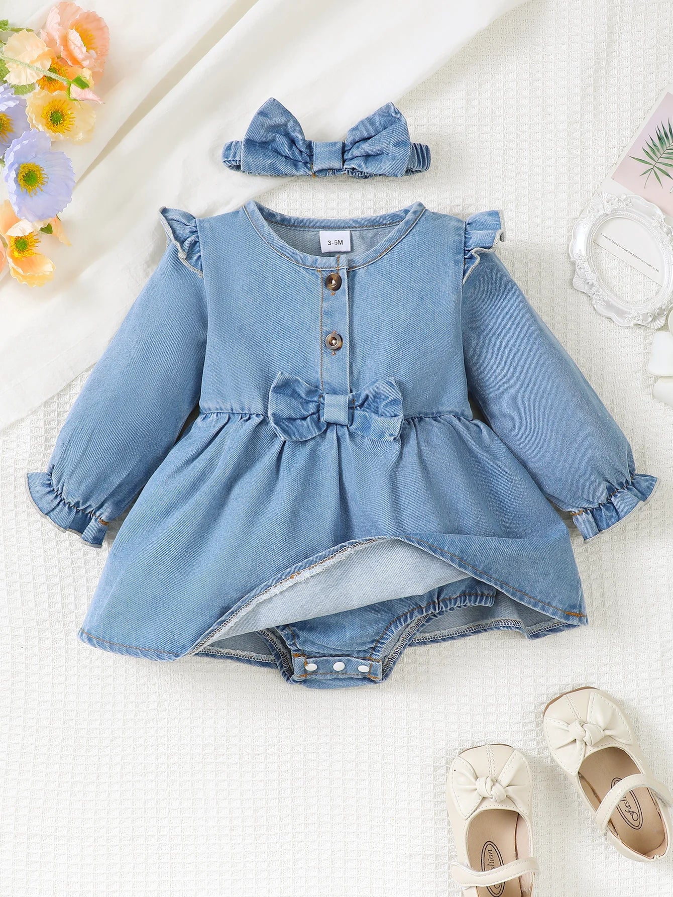 Winter  Newborn  Infant  0-18 Months  Baby  Girl  Dress  Long  Sleeve  Denim  Romper  Princess  Party  Dresses  With  Hair  Hoop