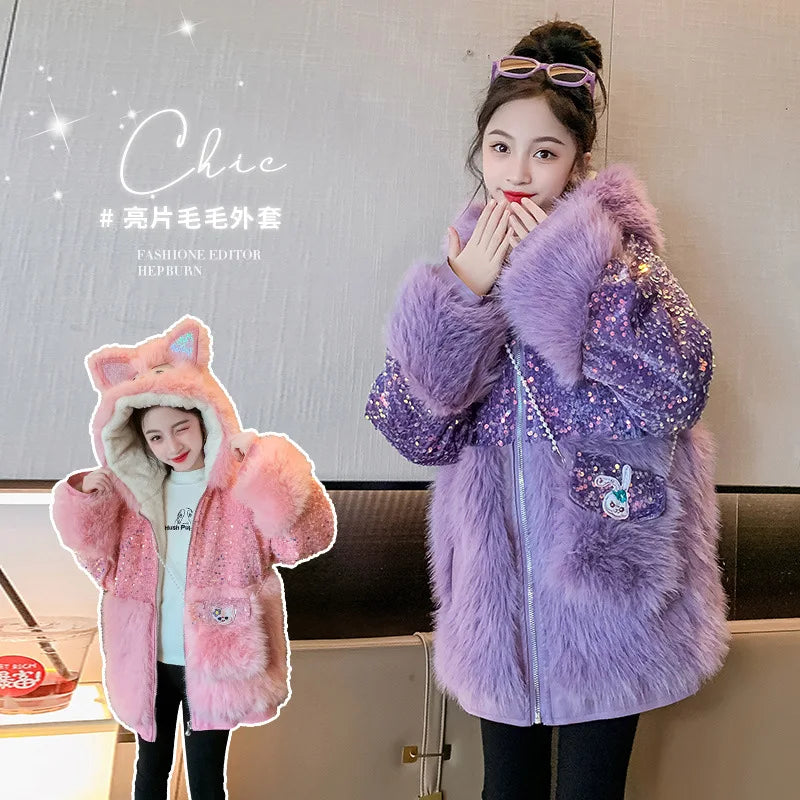 Cute Stellalous Kuromi Girl Fur Coat Plush Jacket Fashion Hooded Padded Jacket Winter New Teen Thicken Warmth Fur Coat Outerwear