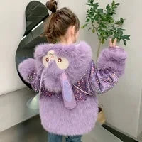 Cute Stellalous Kuromi Girl Fur Coat Plush Jacket Fashion Hooded Padded Jacket Winter New Teen Thicken Warmth Fur Coat Outerwear