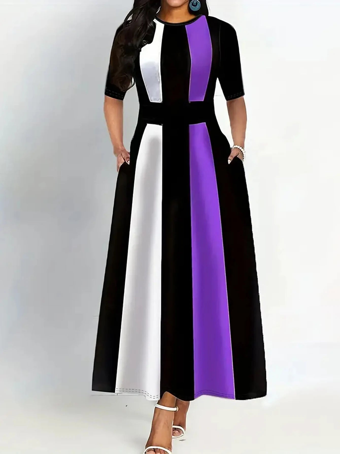 Color Block Crew Neck Dress, Vintage Short Sleeve Dress For Spring & Summer, Women's Clothing