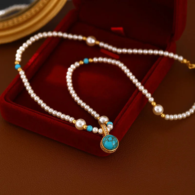 Modern Chinese Style Necklace 18K Gold Plated Turquoise Pendant with Pearl Beads Elegant Adjustable Collarbone Chain Jewelry