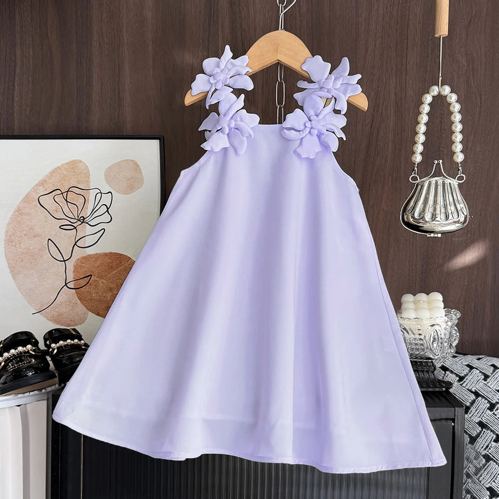 2025 Summer New Korean Version Baby Girl Casual Solid Color Dress White 3D Flower Decoration Fashion Temperament Princess Dress
