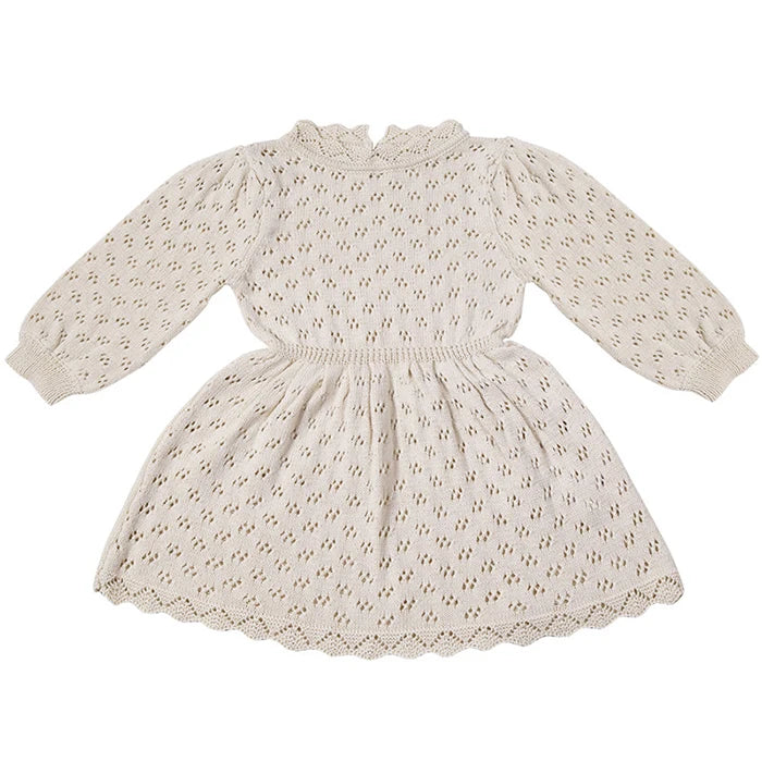Autumn Winter Baby Girls Lovely Princess Dress Children's Hollow-out Long-Sleeved Dress Knitted Woolen Dress