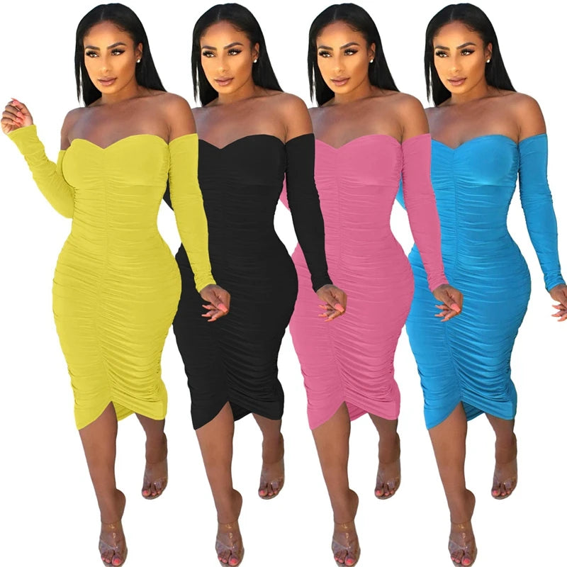Sexy Ruched Bodycon Midi Dress for Women 2022 Elegant Long Sleeve Off Shoulder Bandage Party Dress Night Celebrity Club Dress