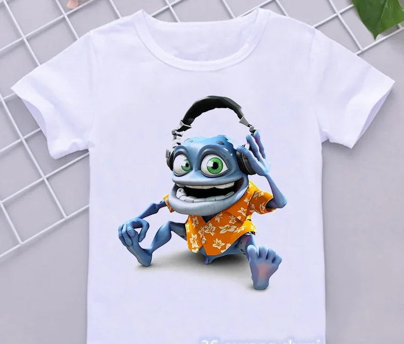 Funny Boys T-Shirts New Crazy Frog Anime Cartoon Print Children'S Tshirts Hip-Hop  Clothes White Short-Sleeved Shirt Tops