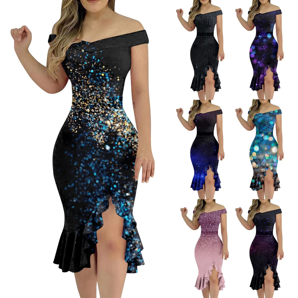 Women'S Party Dress Sexy Off Shoulder Split Ruffle Solid Bodycon Knee-Length Dress Fashion Glitter Party Elegant Dresses Vestido