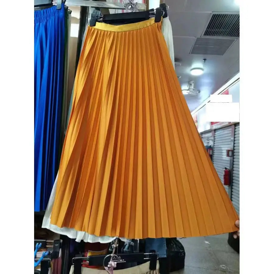 2024 Women Elegant Pleated Skirt High Waist Women Mid-long Skirt Female Ladies High Quality Women Midi Skirt Black Saia