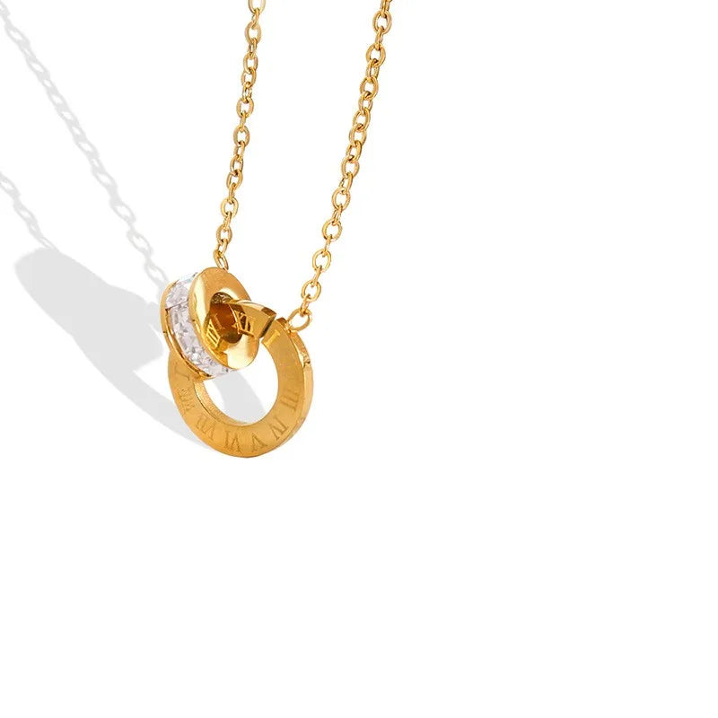 316L Stainless Steel Clavicle Chain CZ Crystal Double Circle Roman Numeral Pendant Necklace For Women Wedding Jewelry Gifts
