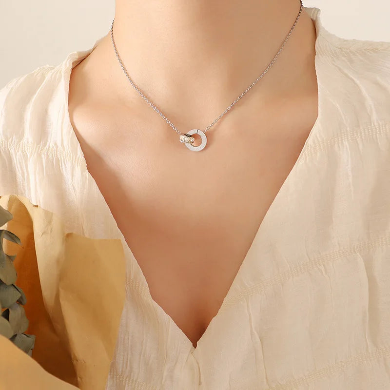 316L Stainless Steel Clavicle Chain CZ Crystal Double Circle Roman Numeral Pendant Necklace For Women Wedding Jewelry Gifts