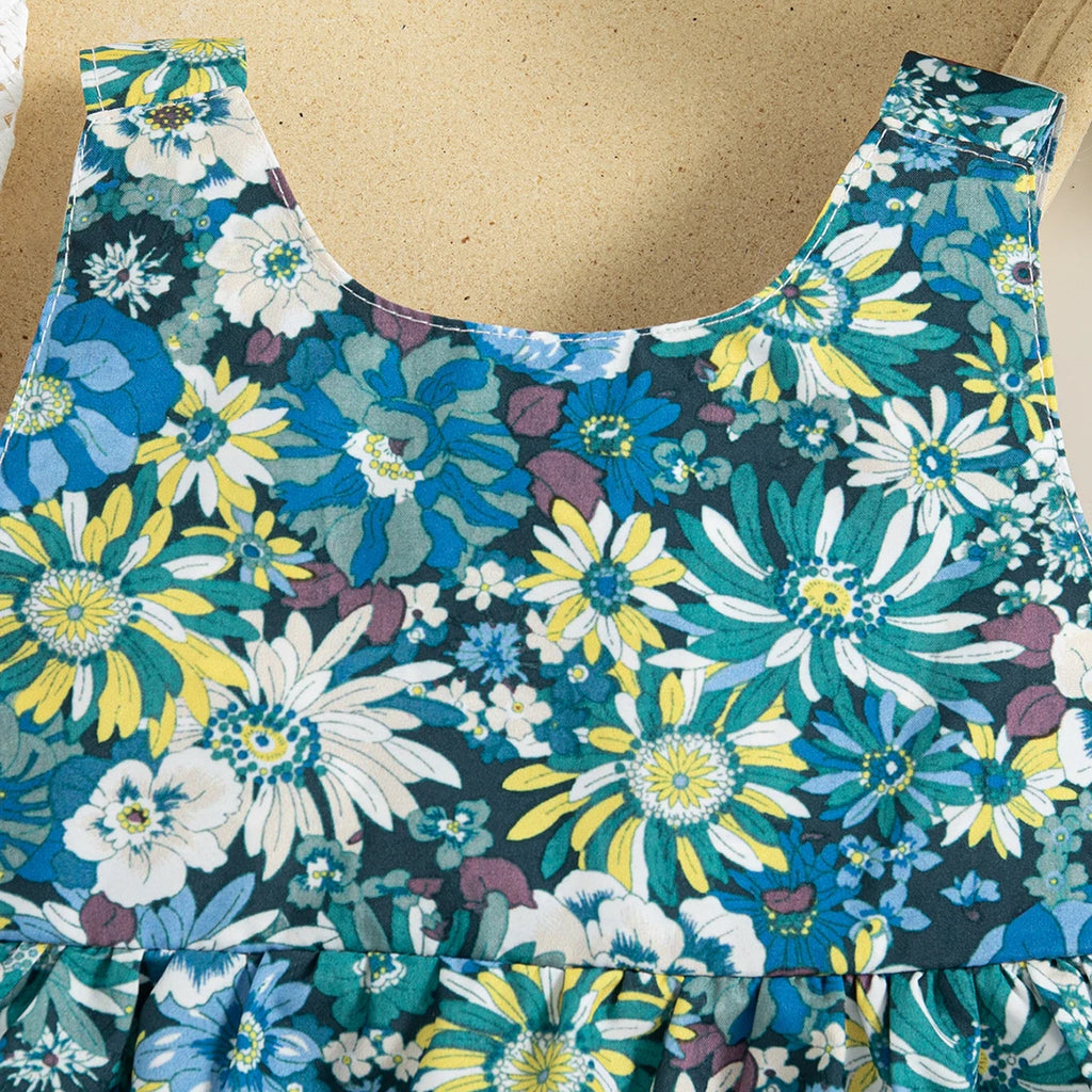 (2 Piece Dress) Summer New Girls Dress Set Floral Print + Hat Bow Ribbon Halter Sweet Princess Dress Birthday Party Team Dress