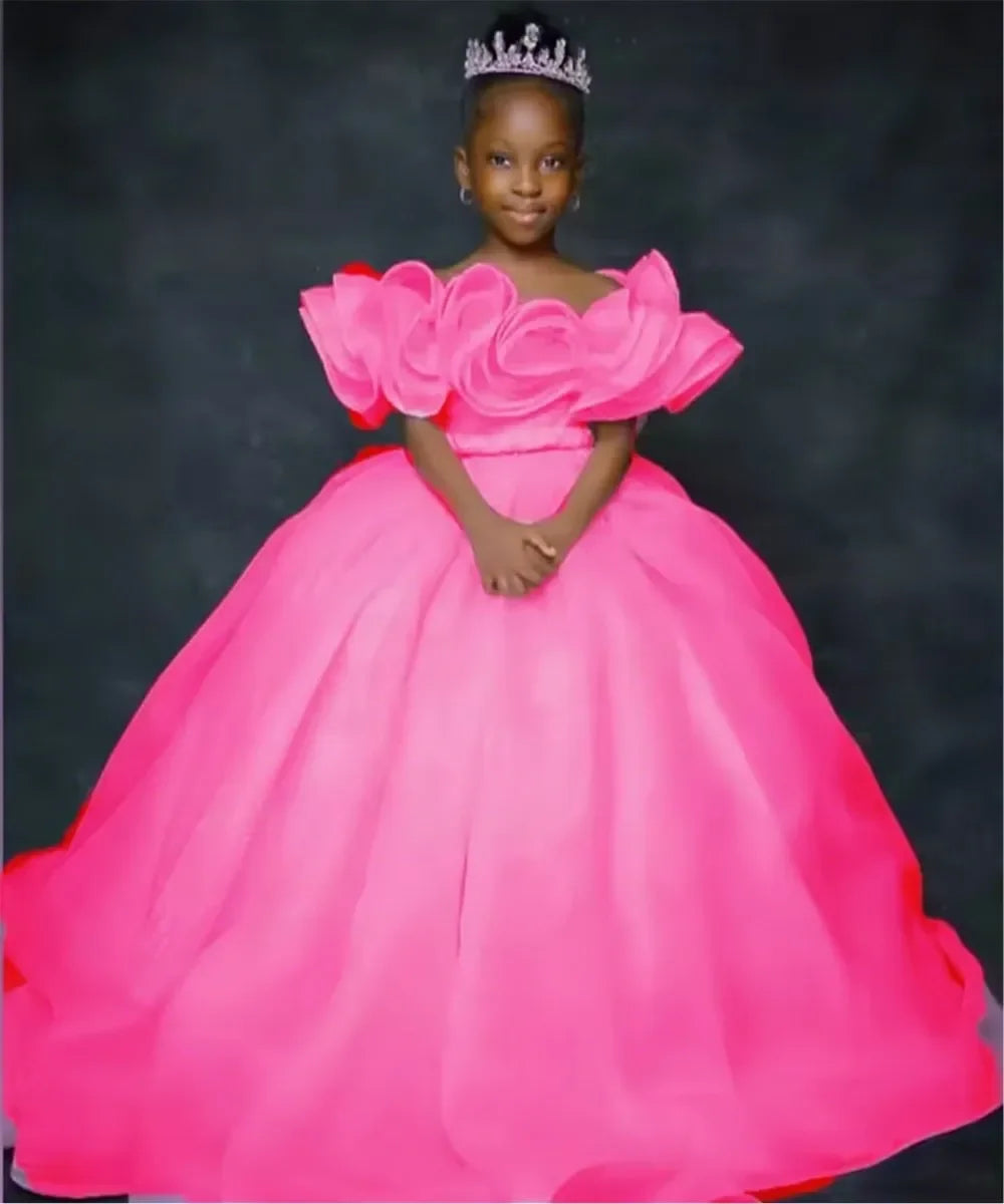 Custom JDY Kids' Birthday Dress Custom Flower Girl Dress Off-Shoulder Ruffled Tiered Tulle Ball Gown Wedding