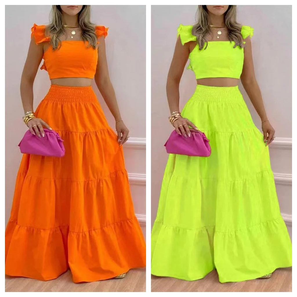 Dress Set Two-piece Women's Clothing Solid Color Sexy Suspender Large Swing Skirt Short Sleeved Square Neck Top Summer Outfits