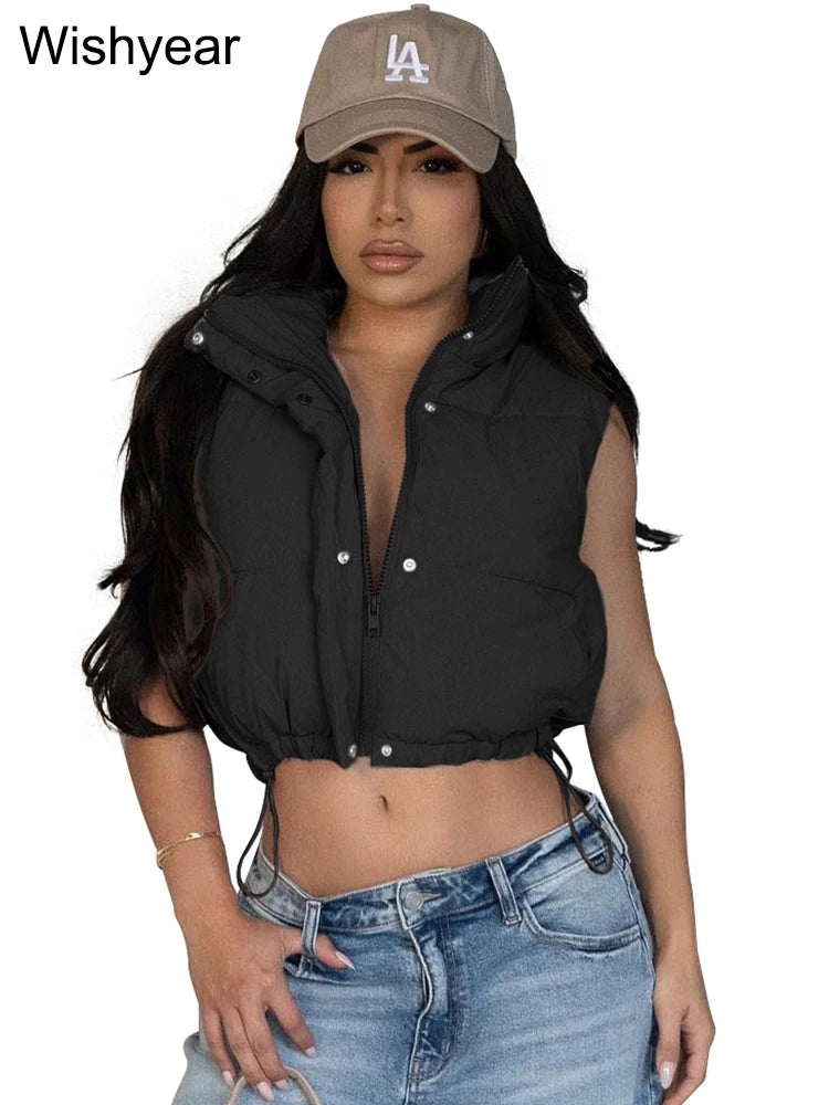Winter Vest Cotton Padded Crop Top Women Clothing Sleeveless Stand Collar Zipper Adjustable Hem Jackets Cotton Coat Outwear New