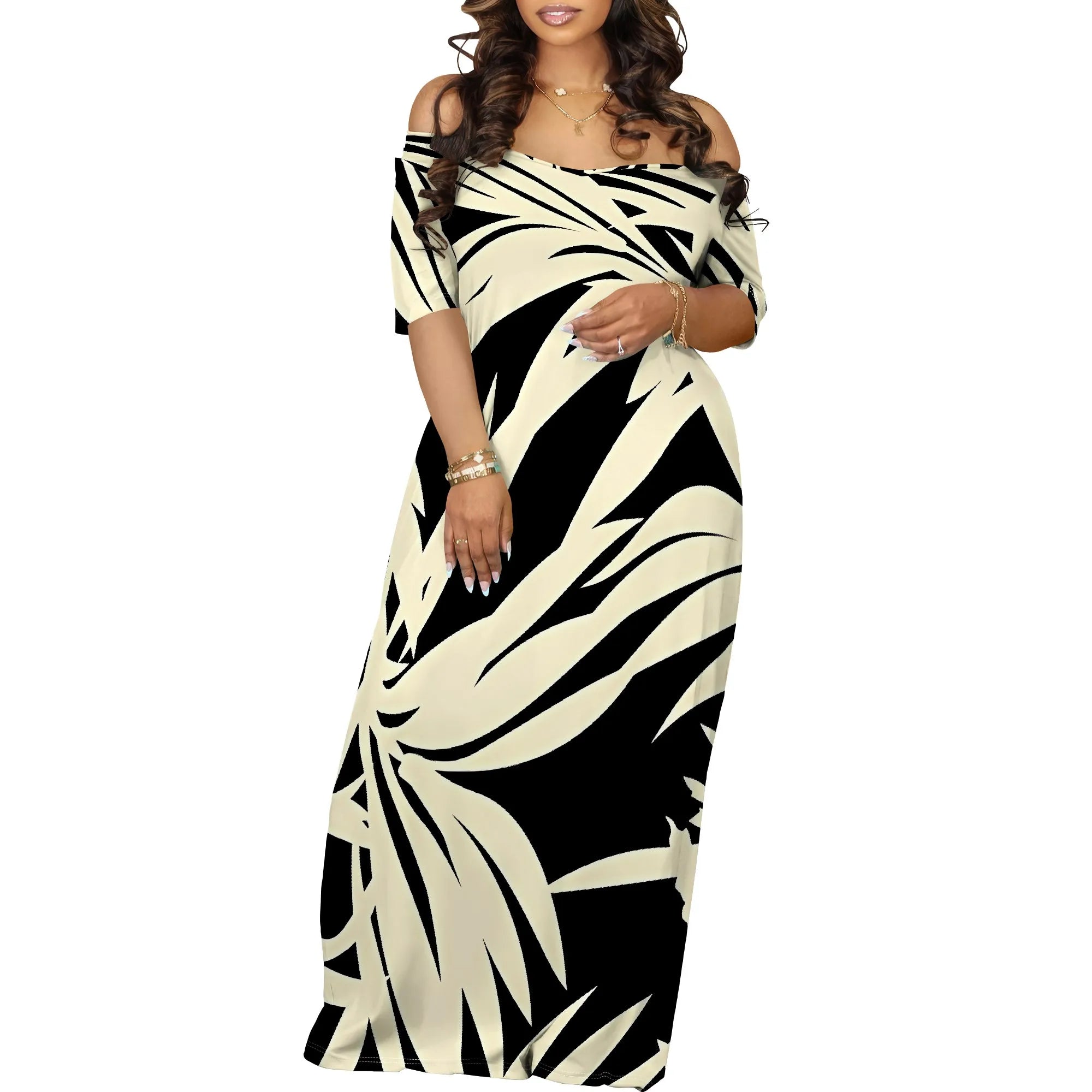 Women's Fashion  Printed Short Sleeve Long Dress Sexy Off Shoulder Backless Bodycon Split Cocktail Party Dress ﻿