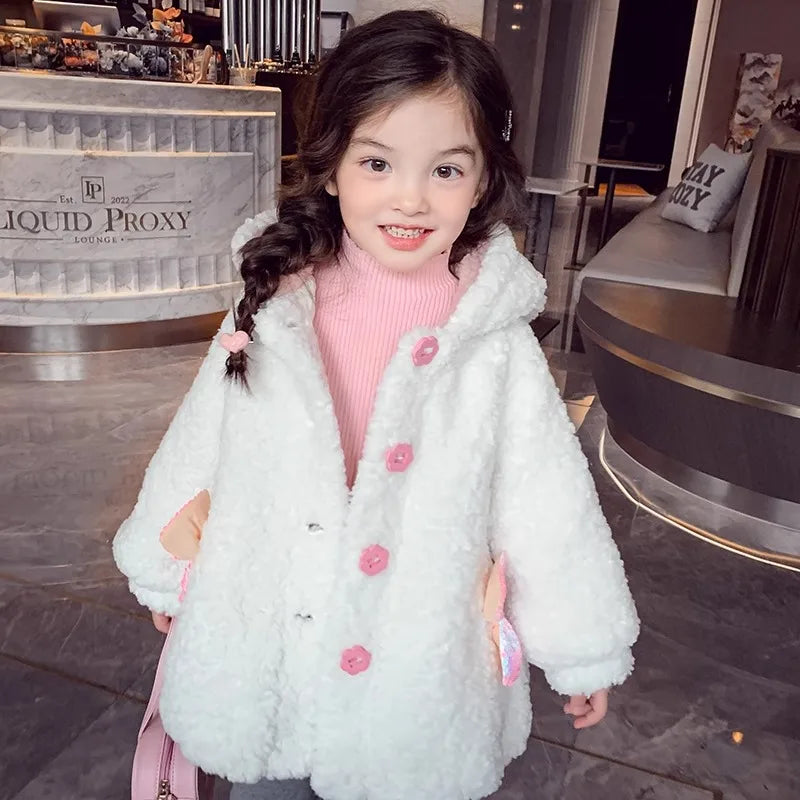 2024 New Hello Kitty Girls Cotton Cute Thermal Coat Winter Dress Girls Casual Hooded Cropped Jacket White Plush Top Gift