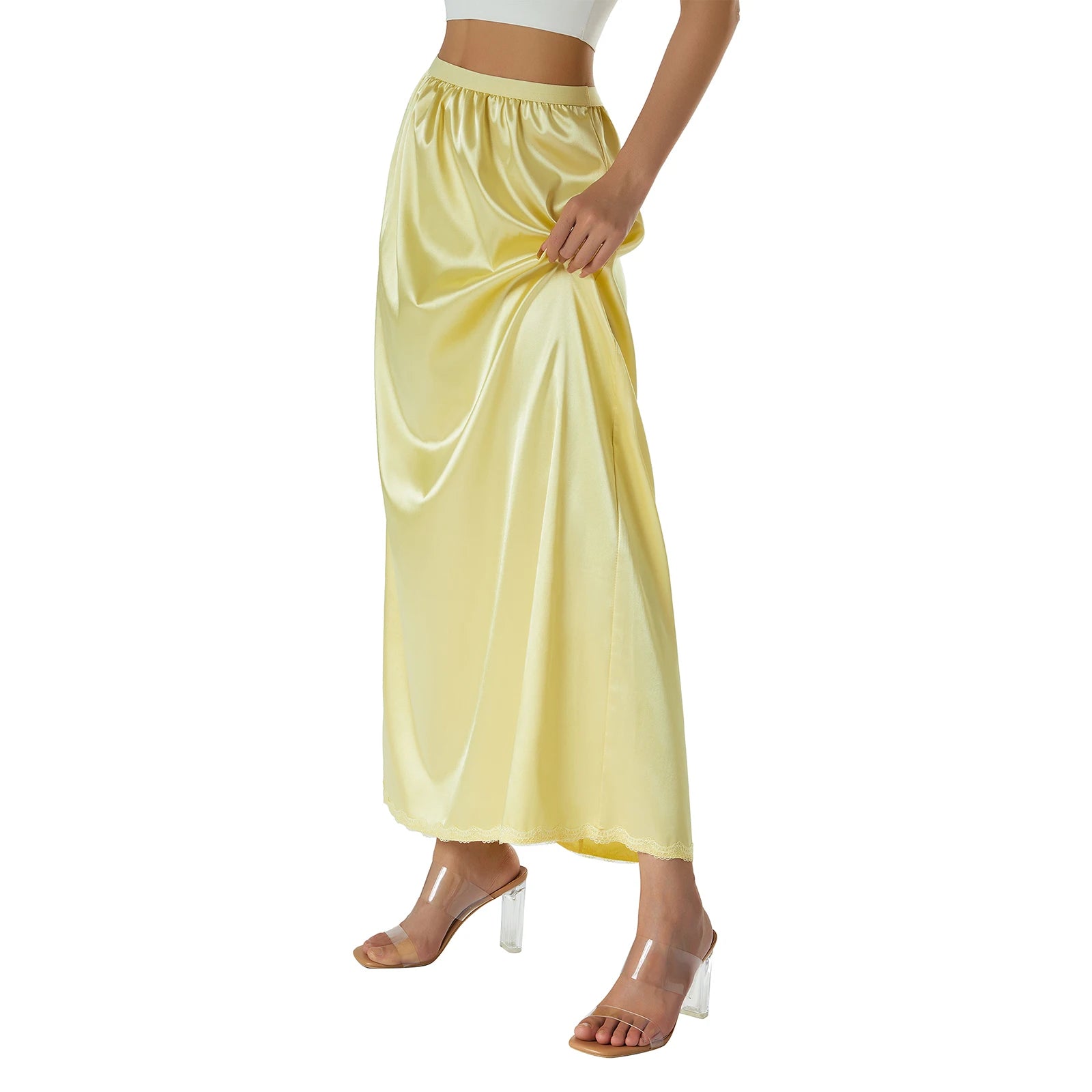 2024 New Women´s Half Slip Underskirt, Solid Color Elastic Waist Inner Lining for Midi Skirt, Long Underskirt for Ladies