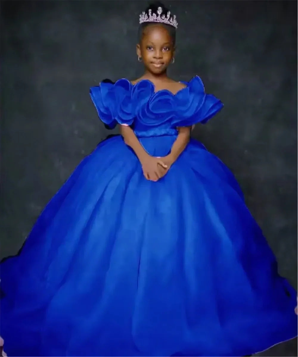 Custom JDY Kids' Birthday Dress Custom Flower Girl Dress Off-Shoulder Ruffled Tiered Tulle Ball Gown Wedding