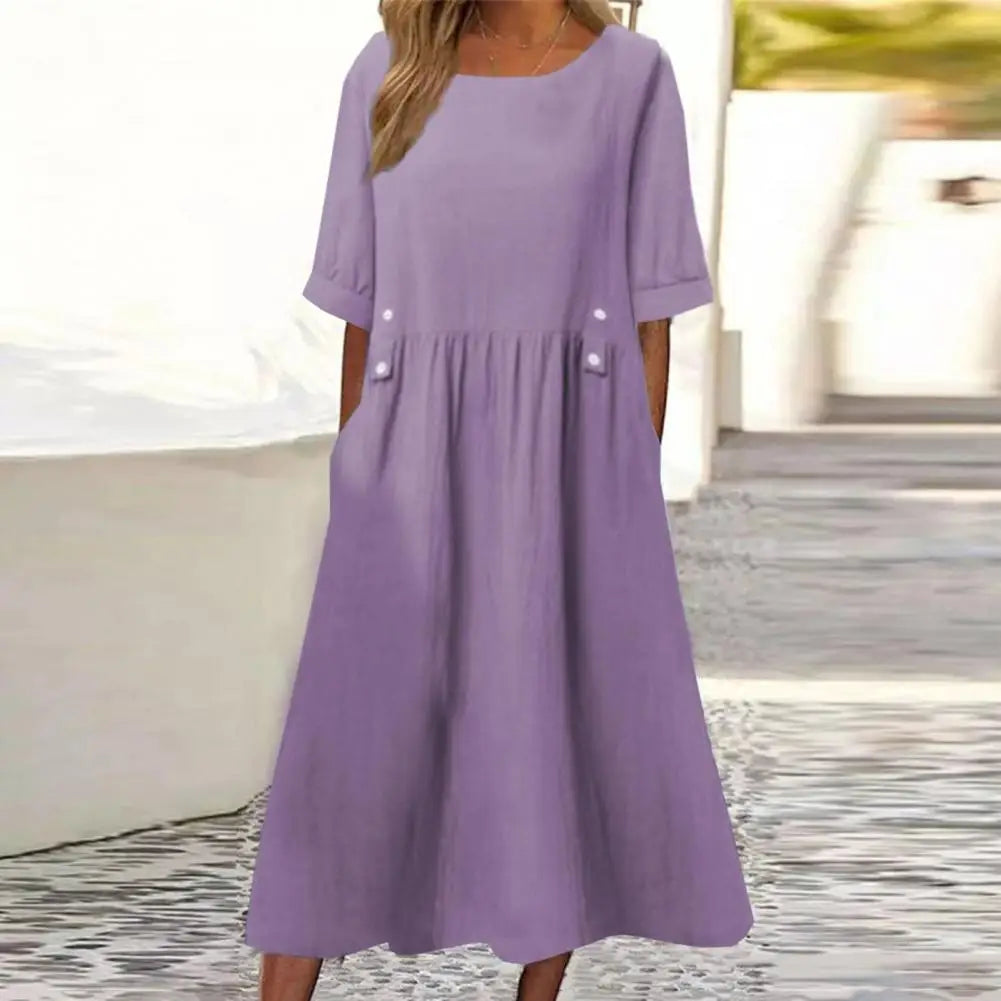 Loose Fit Dress Elegant Midi Dress with Pockets Button Decor for Women A-line Silhouette O Neckline Short Sleeves Solid Color