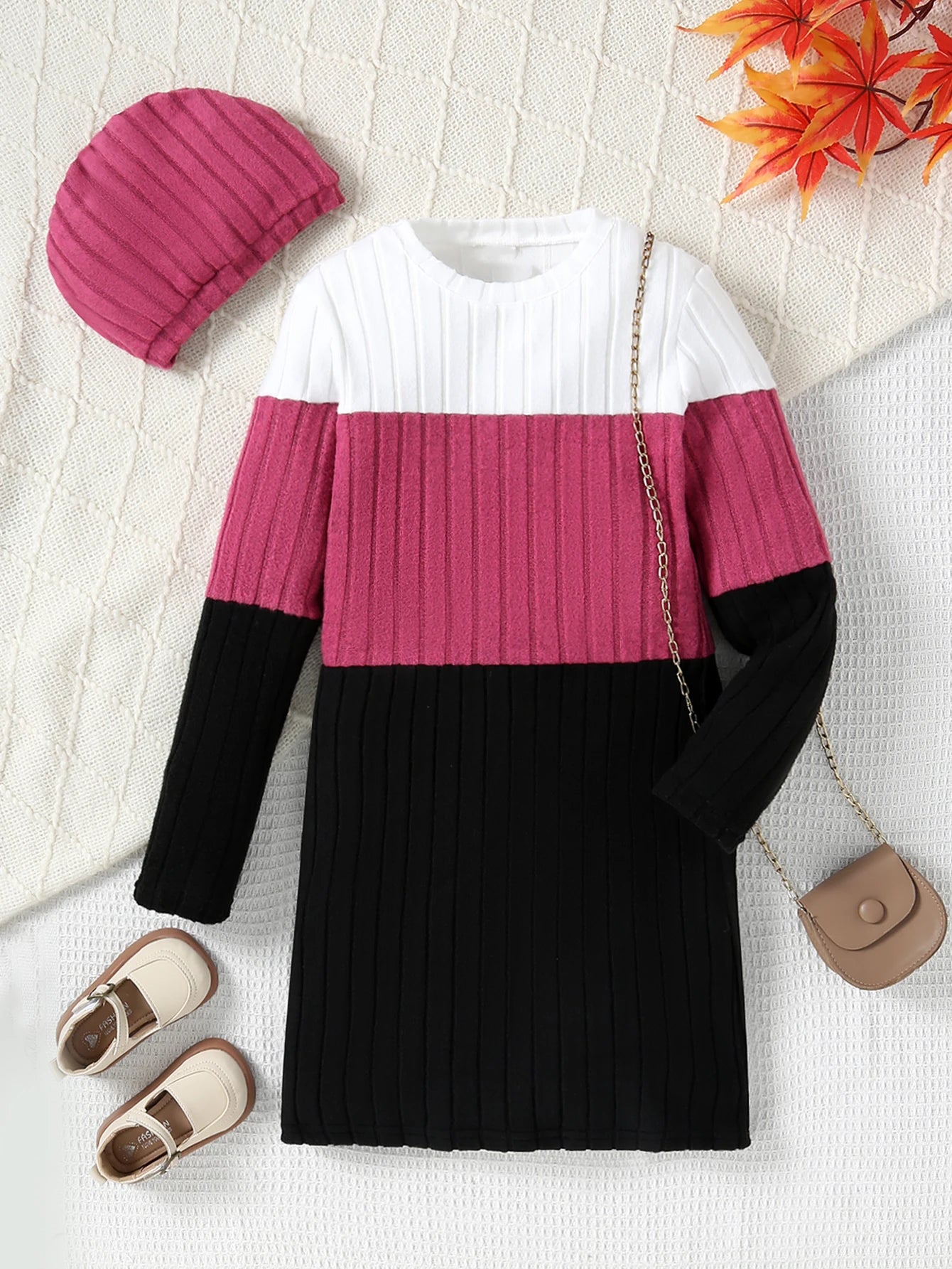 Autumn And Winter Color Blocked Knitted Dress For Girls, Slim Fit Temperament Mid Length Skirt With Hat Included