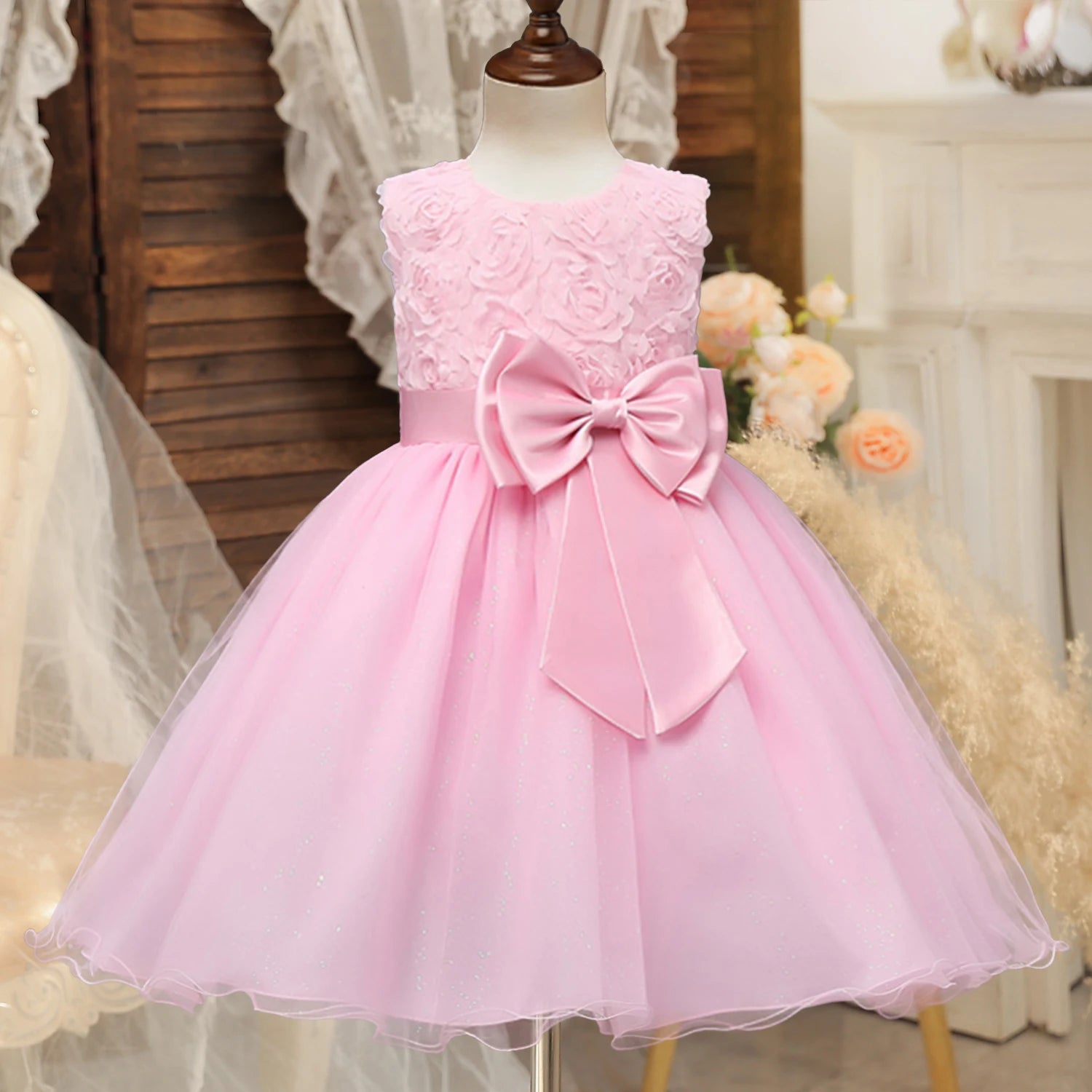 Girls Pearls Dress Elegant Princess Wedding Gown Kids Dresses For Girl Children Birthday Party Tulle Dress 3-8Yrs Vestidos