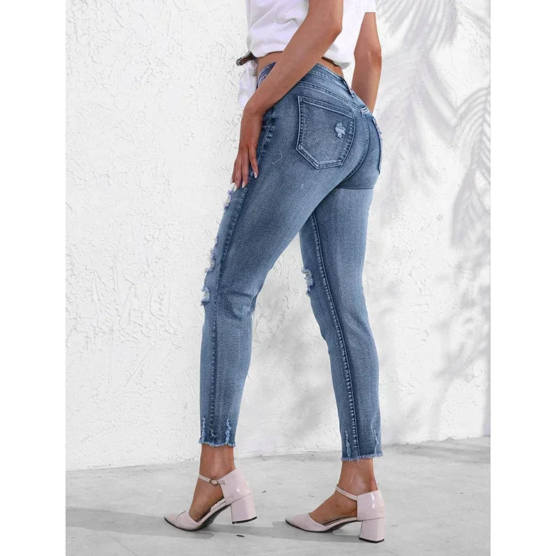 Female Ripped Narrow Straight Leg Jeans Lady Chic Korean High Waist Denim Trousers Women Fashion Designer Casual Pants