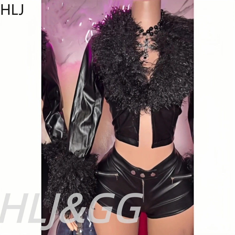 HLJ Black Fashion Feather Splicing Leather Two Piece Sets Women V Neck Long Sleeve Top+Shorts Outfits Trend Y2K 2pcs Streetwear