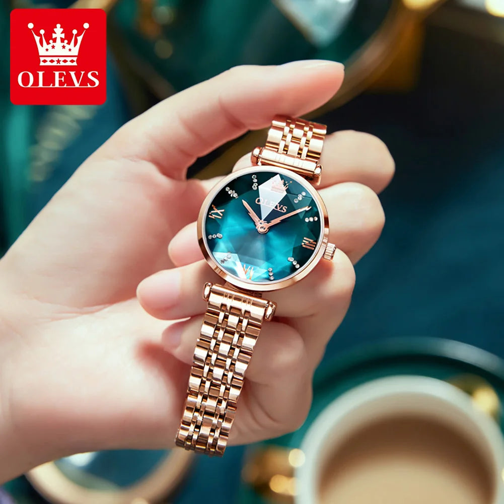 OLEVS Japan Quartz Movement Women's Watches Elegant Rose Gold Steel Strap Fashion Rhombus Glasses Waterproof Ladies Watches 6642