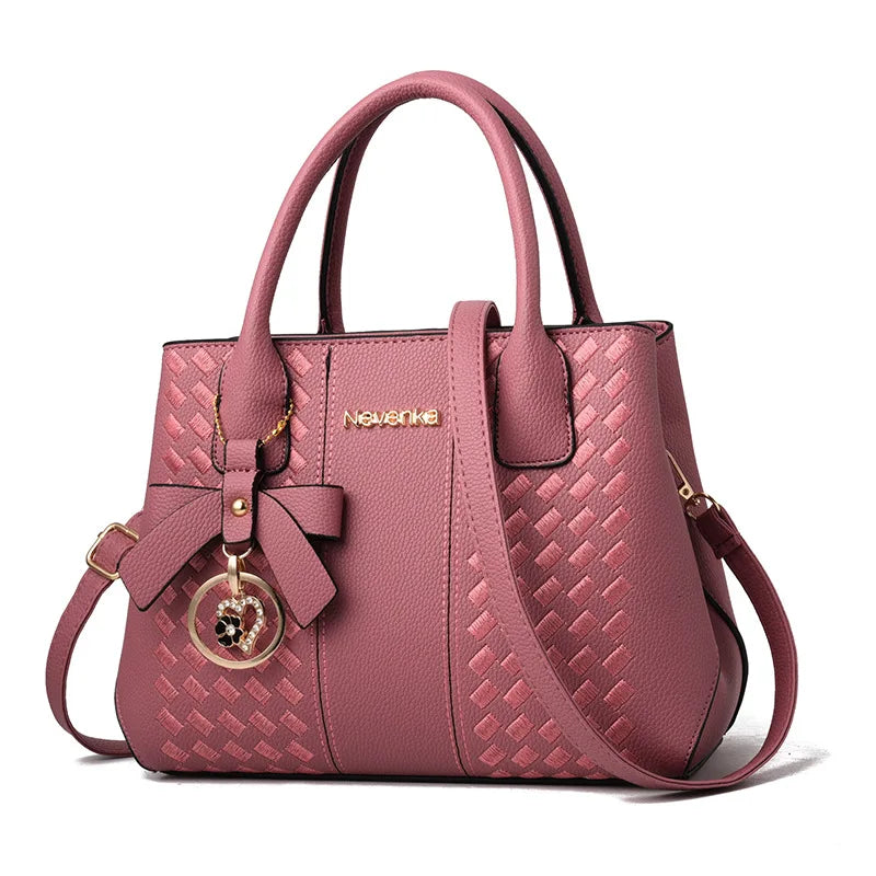 Bow Metal Pendant Top Handle Satchel Crossbody Bag, PU Leather Textured Bag Purse, Classic Versatile Fashion Shoulder Bag