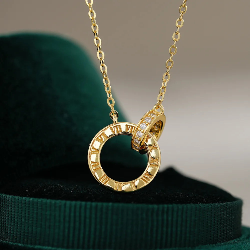 Luxury 100% Real 18k Gold Women's Roman Numeral Round Pendant with Moissanite Diamond Necklace